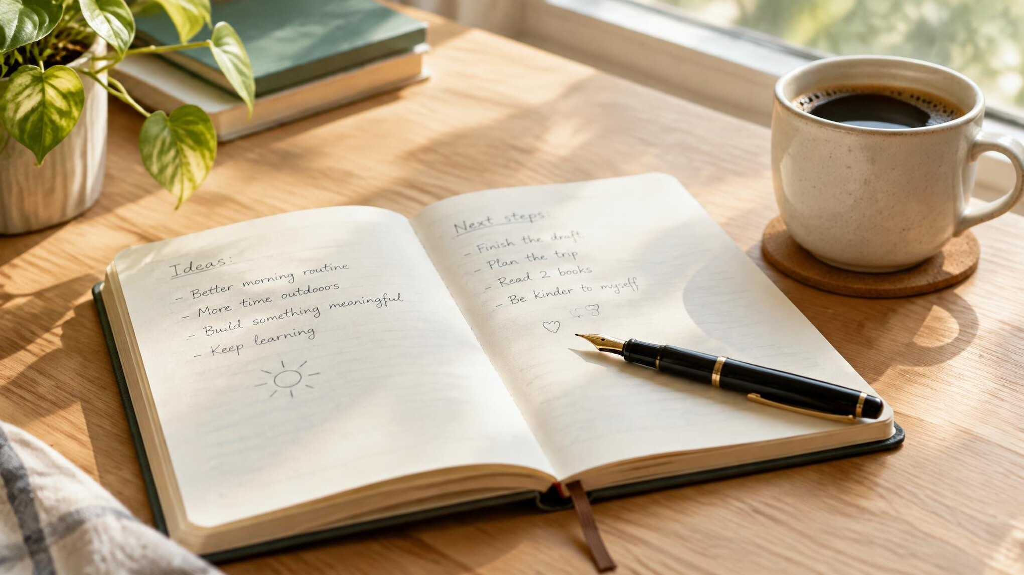 Open notebook with handwritten notes and a pen on a wooden desk