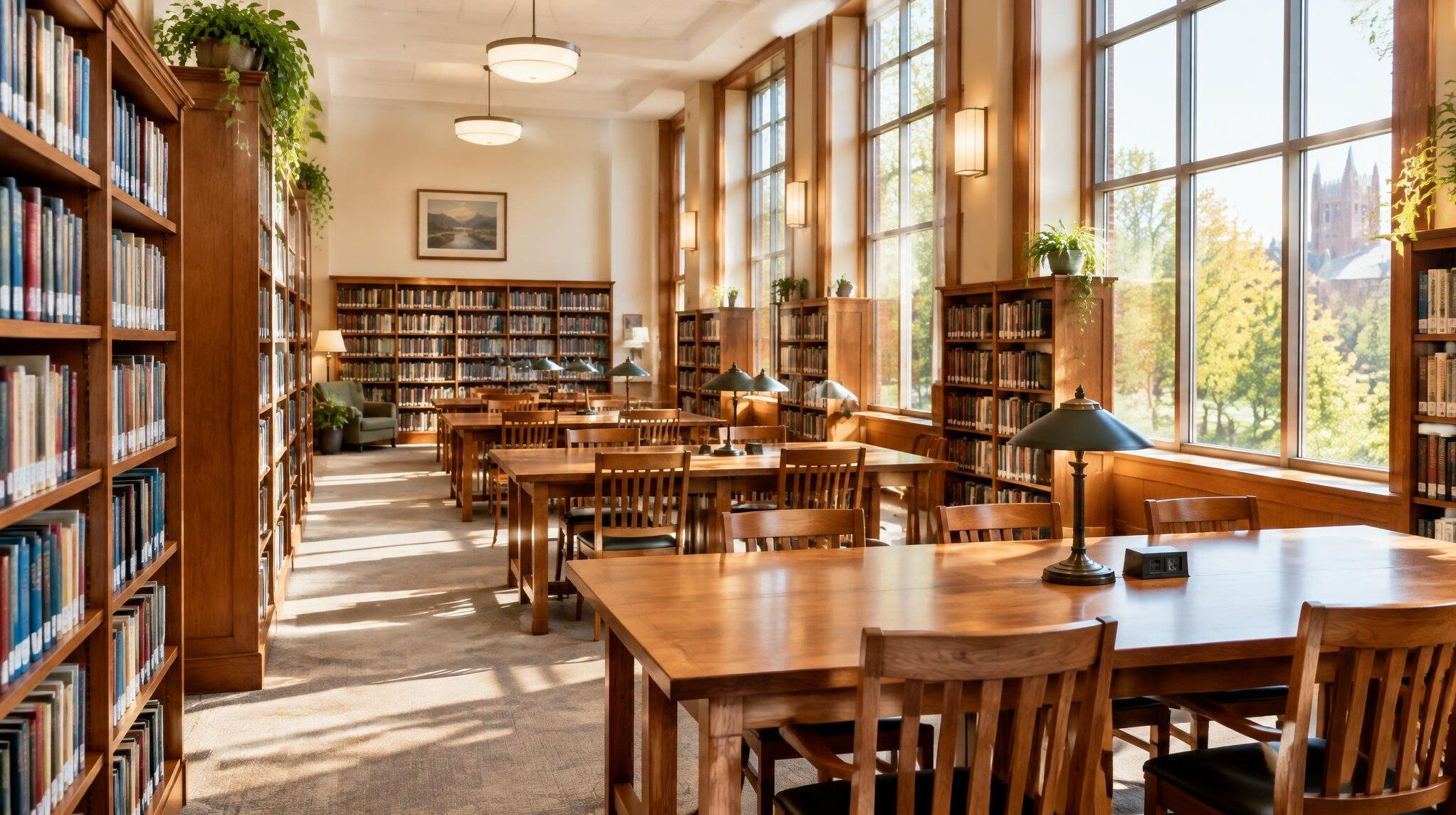 Bright library with bookshelves and reading tables