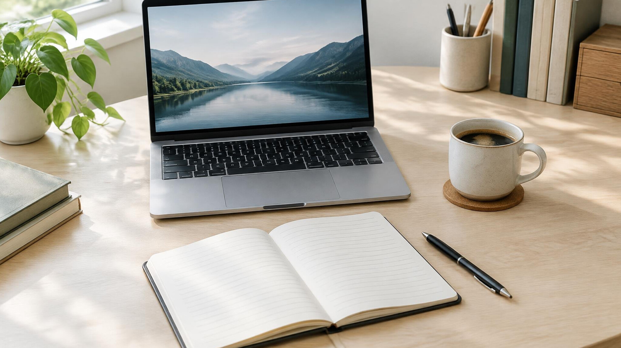 Desk with laptop, notebook and coffee in natural light