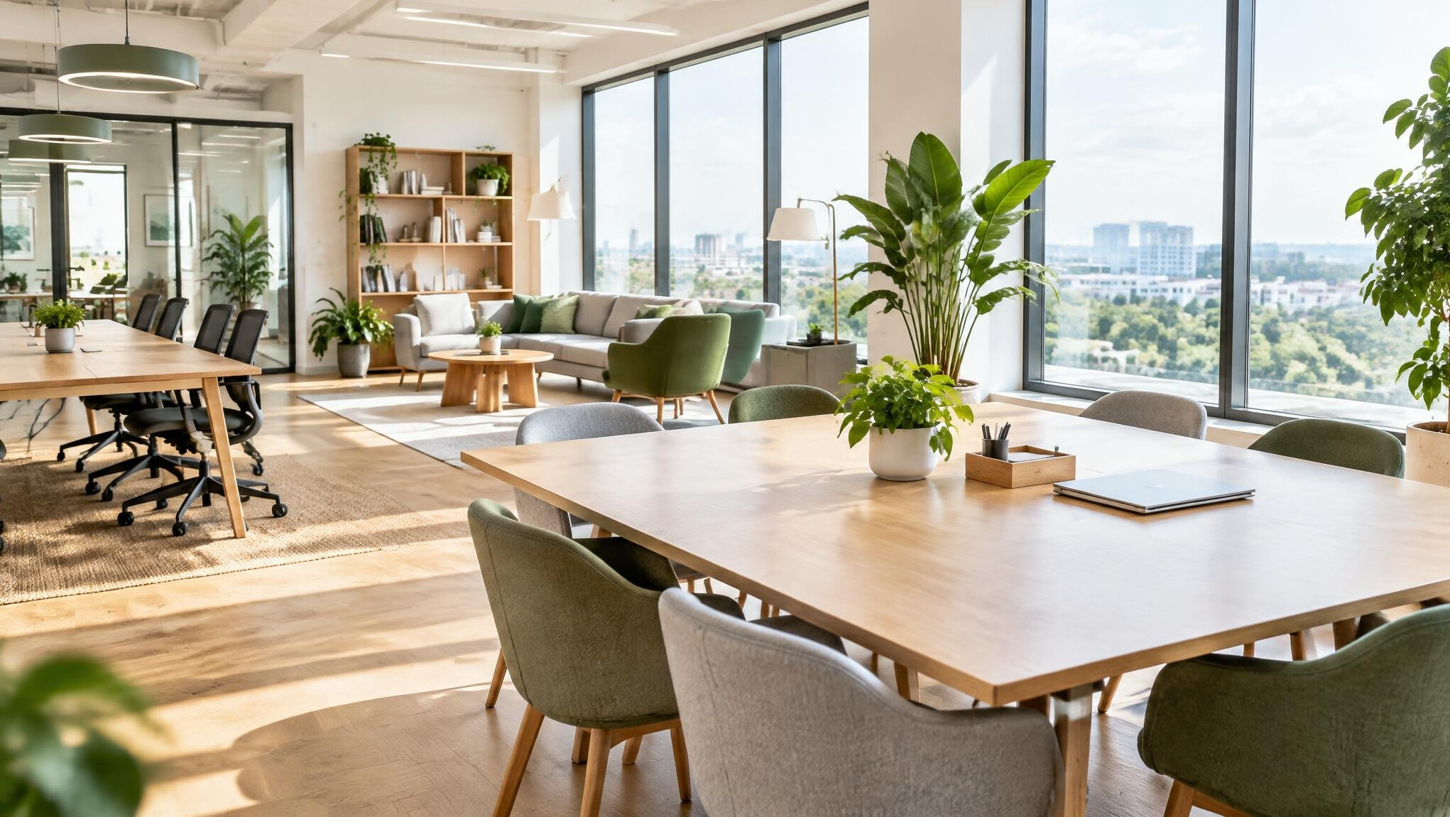 Modern bright office interior with large windows