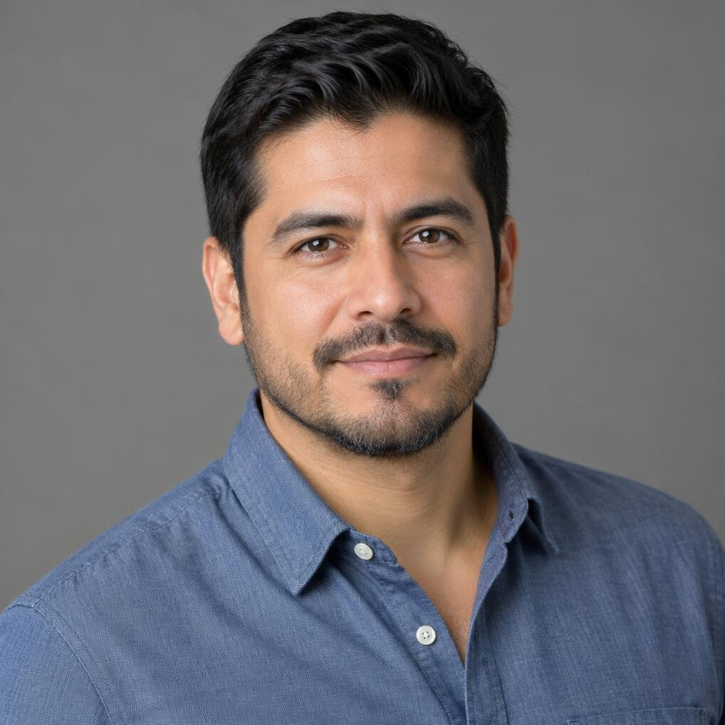 Portrait of a Mexican man in his thirties with short dark hair and a light beard